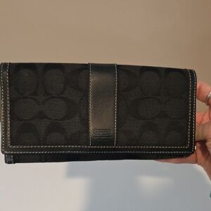 Coach Signature Black Canvas Snap Wallet Leather Trim Long Wallet